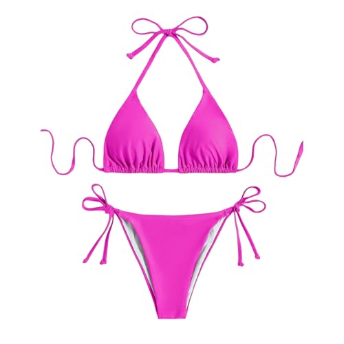 Traje de Baño de Dos Piezas Mujer Acolchada Clásico Ajustable Halter Triángulo Bikini Top Bikini Tanga Brasileño,Rojo Rosa,Talla única