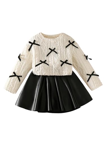 WDIRARA Girl's 2 Piece Outfit Bow Sweater Flare Aline Skirt