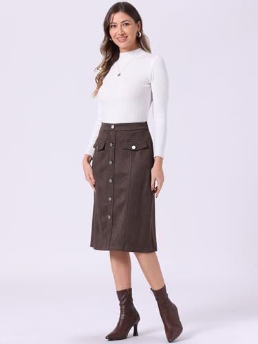 Allegra K Faux Suede Skirt for Women's Button Front High Waist 2025 Fall Knee Length A-Line Skirts4