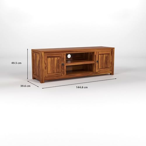 Image of Solid Sheesham Wood Entertainment TV Unit with 2 Door | Rosewood Tv Stand /TV Cabinet for Living Room | Bedroom | Wooden TV Panel with Shelf Stoarge | TV Table (Honey)