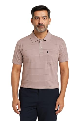 Image of WILD ELEPHANT Men Cotton Striped Polo Neck Half Sleeve T-Shirt with Pocket