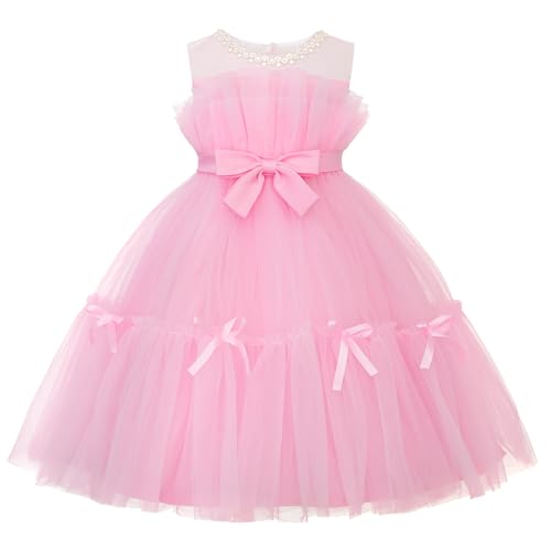 Uhnice Flower Girl Bow Dress Sleeveless Tulle Gown with Pearl Beading for Wedding Birthday Party