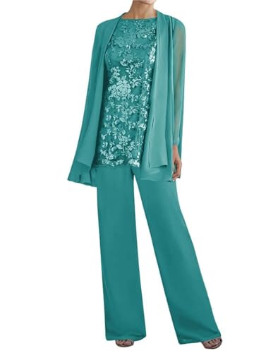 Image of 3 Pieces Mother of The Bride Dresses Pant Suits - Lace Chiffon Long Sleeve Grandmother Dresses with Jacket