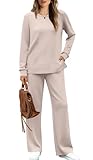 WIHOLL Plus Size Tracksuit for Women Two Piece Long Sleeve Lounge Sets Fall Wide Leg Loungewear Ladies Comfy Airport Outfits Khaki 3XL