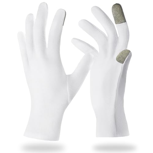 BUTBU Guantes Hidratantes Durante La Noche, 5 Pares Guantes Algodon Dermatologicos, Guantes Algodón para Pantalla Táctil Para Manos Secas Eccema Guantes De Tratamiento De Spa De Manos, Blanco