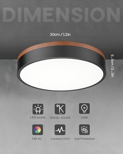 Image of Ken & Ricky 12 inch Modern Flush Mount Ceiling Light,Deep Wood and Black,1 PK