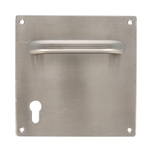 Amig - Juego de Manillas con Placa para Puertas - Mod. 3CB85-180x180 mm - Cuadradillo de 8 mm - Con bocallave de 85 mm - Acero inoxidable 18/8 Plateado Mate