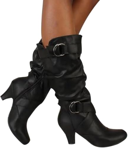 Women's Fashion Extra Wide Calf Mid Calf Boots Chunky Block Heel Pull On Winter Slouchy Boots Outdoors Pointed Toe Fall Winter Boot Shoes2