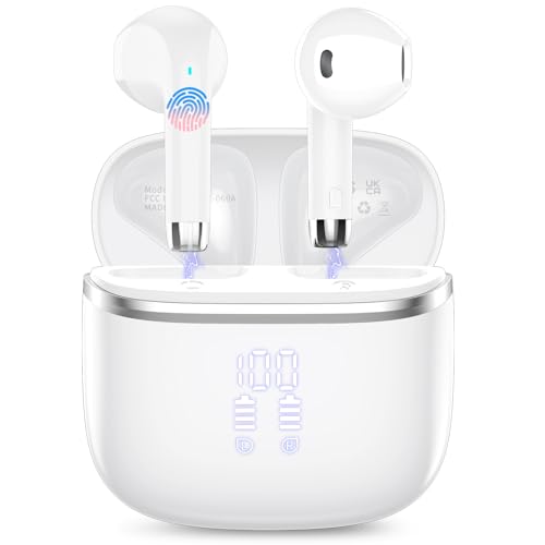 Wireless Earbuds, Bluetooth 5.3 Headphones with 4 ENC Noise Cancelling Mic, HiFi Stereo Deep Bass, 40H Playtime, IP7 Waterproof Bluetooth Earphones, Bluetooth Earbuds Dual LED Display, USB-C, White