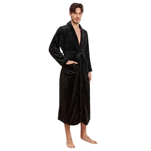 RONGTAI Bathrobe for Men, Long Shawl Collar Robe, Plush Fleece Fabric, Side Pockets, Warm and Cozy Sleepwear (Black, M), Medium