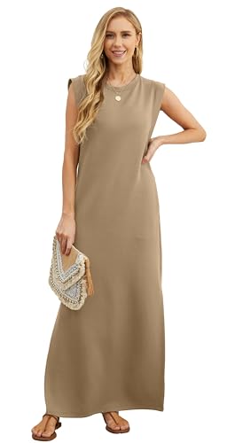 Image of GRECERELLE 2026 Women Year-Round Casual Round Neck Loose Split Wrinkle-Free Long Maxi Vacation Dress with Pockets (XXS-4XL)