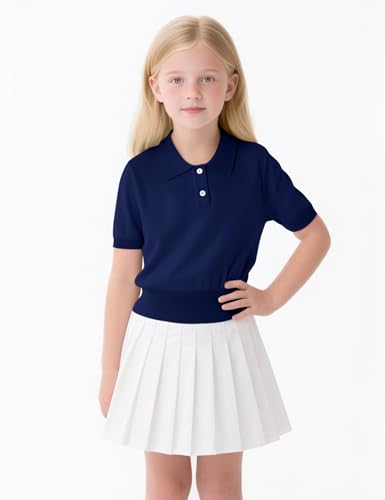 Image of Girls Short Sleeve Polo Shirt V Neck Button Down Shirts Summer Knit School Uniform Crop Tops