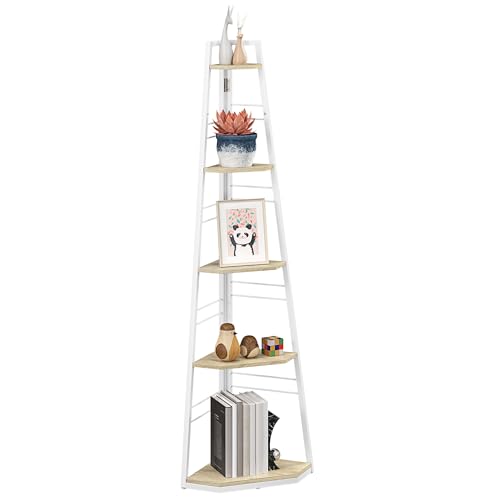 HOMCOM Libreria Angolare a 5 Ripiani, Scaffale Moderno Pieghevole con Piedini Regolabili, Libreria Scaffale in Acciaio e Legno, 37.5x37.5x160 cm, Colore Legno