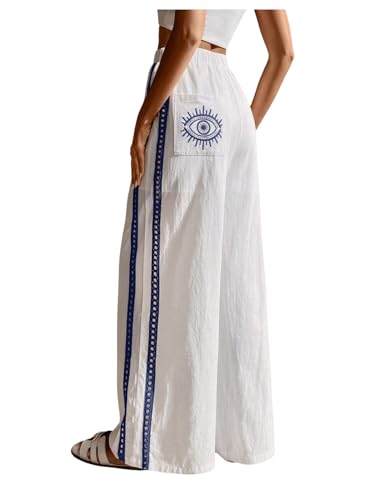 MakeMeChic Women's Embroidery Wide Leg Pants Contrast Binding High Waisted Trousers