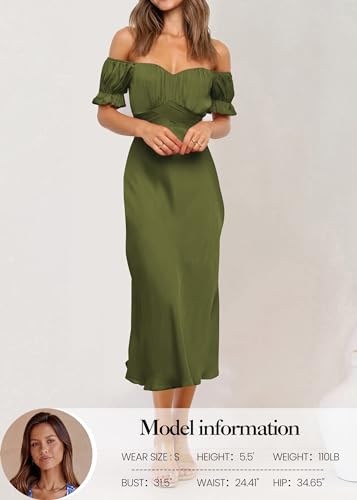 Image of KIRUNDO Women's Satin Summer Wedding Guest Cocktail Dress | 2026 Spring Fall Party Midi Dress, Silky, Elegant Off Shoulder Short Sleeve, Ruffle Mermaid Hem, Wrap Prom Formal Outfits