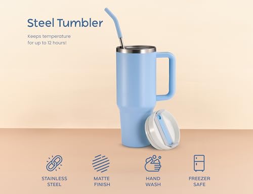 Image of KooK Stainless Steel Tumbler, with Straw and Handle, Leakproof, Vacuum Insulated Travel Coffee Mug, Reusable Double Walled Water Bottle, Keeps Hot or Cold, 40 oz, Sky Blue