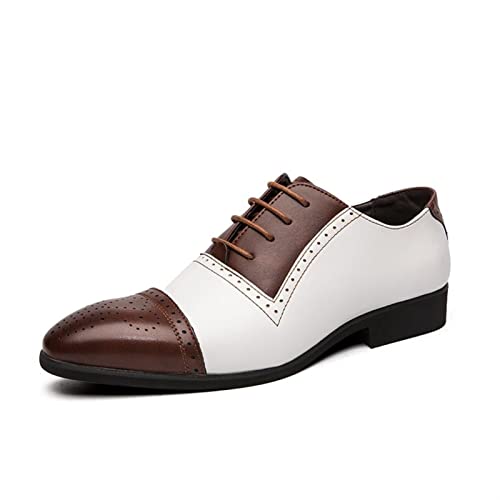 Dress Oxford Shoes for Men Lace Up Two Tone White and Brown Brogue Cap Toe Vegan Leather Low Top Slip Resistant Block Heel Prom(White Brown,10 M US)