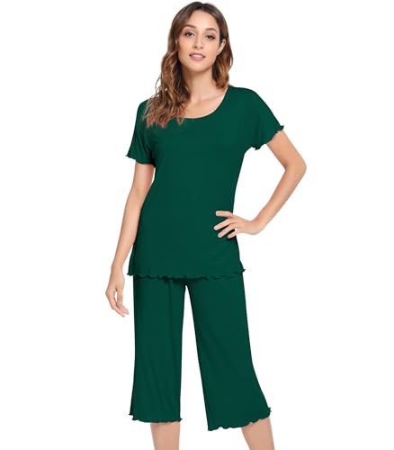 Image of NACHILA Women's Bamboo Viscose Pajama Sets Summer Cooling Short Sleeve Capri Soft Pjs Night Sweats Moisture Wicking Sleepwear