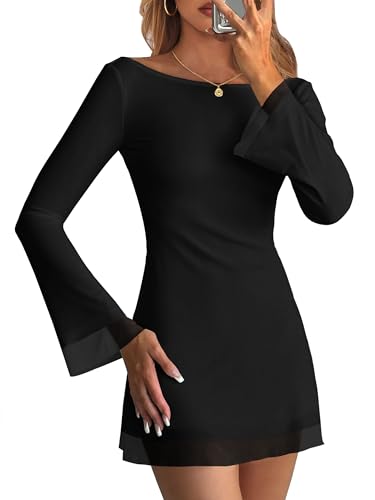 Caracilia Bell Long Sleeve Dresses for Women Mesh Boat Neck Floral Going Out Cocktail Mini Dress 2025 Trendy Fall Clothes Black Large