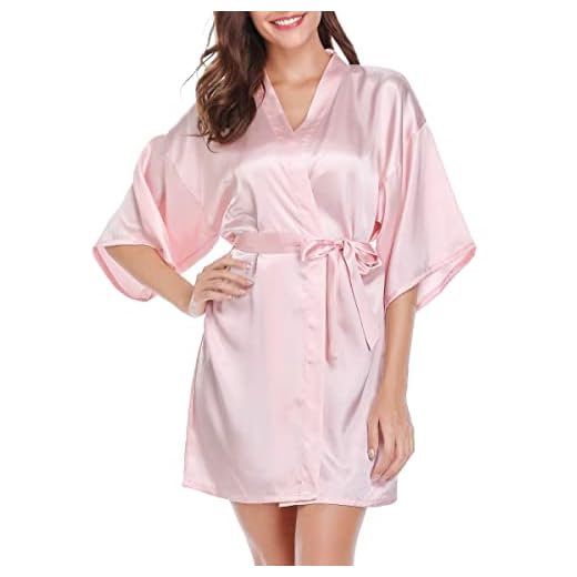 Vlazom Bata Mujer Verano Corto y Sexy, Kimono Mujer Vestir de Satén de Manga 3/4, Batas Novia Boda de Seda con Cinturón,S,Rosado Claro