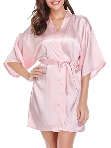 Vlazom Kimono in Raso da Donna Accappatoi e Vestaglie Satin Pigiama Kimono Scollo V Cintura per Sposa，Rosa，M