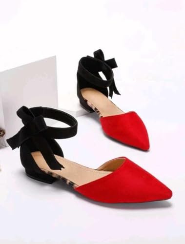 Two Tone Point Toe Ankle Strap Flats, Red and Black,size 414