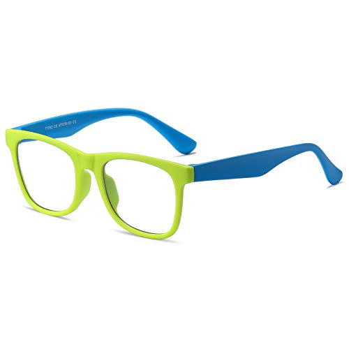 Blue Light Blocking Glasses for Kids, Square Unbreakable Eyeglasses Frame, Anti Reflective Blue Light Glasses, Age 3-12(Green & Blue)
