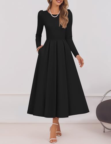 ZESICA Women's Long Sleeve Midi Dresses 2025 Fall Elegant Crewneck Swing A Line Wedding Guest Party Dress with Pockets2