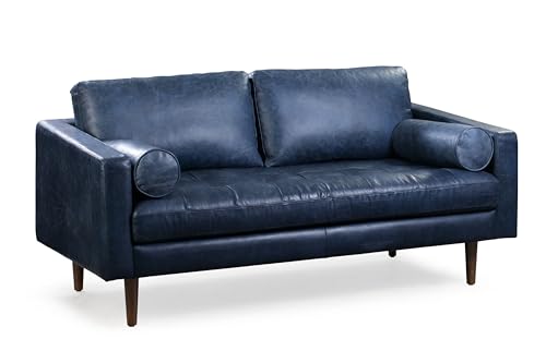 POLY & BARK Napa 72' Leather Sofa – Full-Grain Italian-Tanned Aniline Leather, Feather-Down Comfort, Solid Wood Frame, Walnut Legs, Midnight Blue