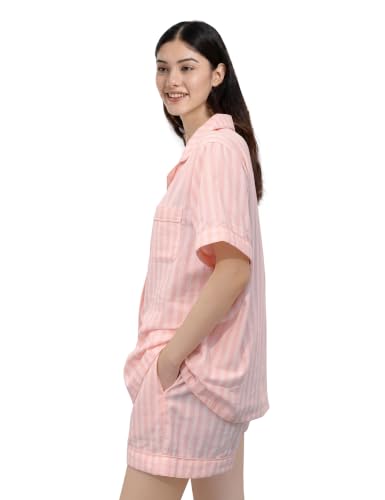 Image of Womens Muslin Pajama Sets 100% Cotton Double Gauze Linen Like Short Pjs | Breathable Soft Comfort Button Up Loungewear Sleepwear PJ Set