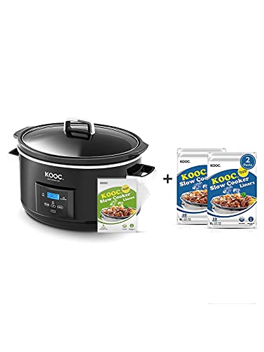 [Bundle Group] KOOC Programmable Slow Cooker 8.5-Quart (with 5 Bonus Free Liners) + Additional 2 Pack of 20 Liners for Easy Clean-up, Upgraded Pot, Adjustable Temp, Nutrient Loss Reduction