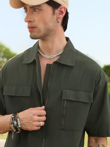 Image of The Souled Store Zipper Shirt: Men and Boys Short Sleeve Spread Collar Zipper Front Solid Textured Regular Fit Casual Easy to Style Everyday Office Wear Cotton Shirt