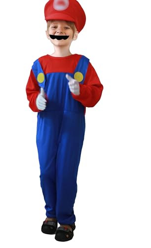 Slowwitee Super Brothers Costume For Kids Halloween Cosplay Super Bros Outfit With Beard Gloves Red Medium cover