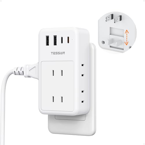 電源タップ usb コンセント タップ 雷ガード 6個AC口 4USBポート（2つType-Cポート） TESSAN PD20W 充電器type-c l字 縦型 たこあし コンセント タコ足配線 雷サージ 調節可能な追加補助プラグ 日本国内でのみ使用可能 ホワイト