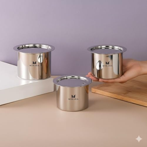 Image of MIKARA Stainless Steel Induction-Friendly Flat Bottom Tope Set, Mirror Finish, 525ml, 650ml & 750ml, Included Components: 3 Stainless Steel Topes
