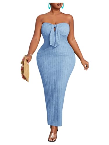 Image of WDIRARA Women's Plus Size Strapless Sleeveless Tie Front Bodycon Dress Party Club Tube Dresses