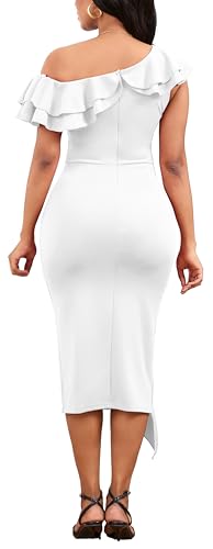 Image of Dresses for Women Elegant Long Sleeves Ruffles Pencil Knee Length Split Business Dress with Belt Zipper