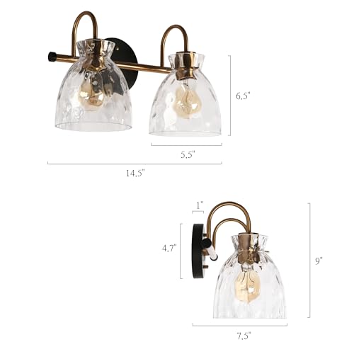 Image of KSANA Modern Bathroom Vanity Lights, 2 Light Vanity Light Fixtures for Bathroom Black and Electroplated Brass Finish Mid-Century Wall Lamps with Water Ripple Glass