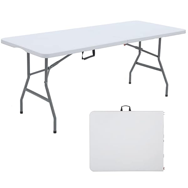 ANJONG ANJ 6FT Dining Table, Foldable Plastic Utility Table, Indoor Outdoor Camping, Picnics and Parties, White, Load Capacity 330 lbs by ANJONG ANJ - Used condition - US$46.48