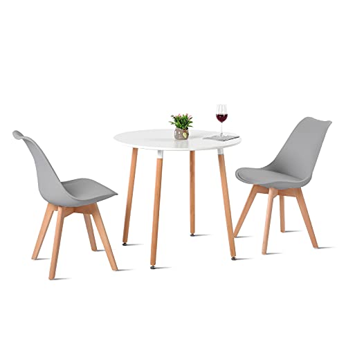 H.J WeDoo Table de Salle à Manger Ronde avec 2 Gris Chaises de Cuisine Moderne et Chaises de Tulipes Rembourrées Ensemble de Meubles