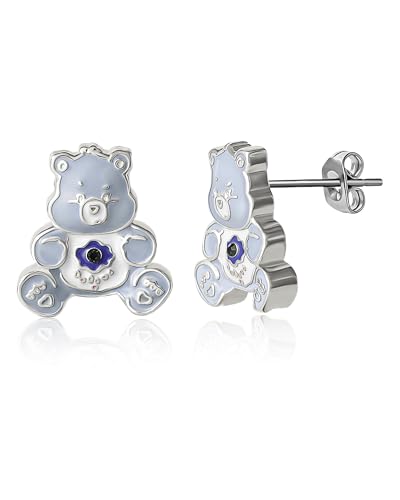 Care Bears Stud Earrings for Women Official License, Silver Flash-Plated 3D Wish Bear or Cheer Bear Earrings with Crystal