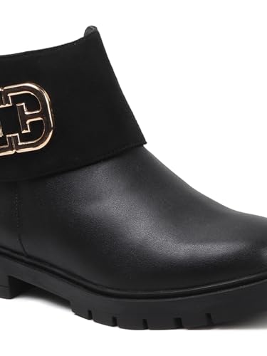 Image of ELLE Women's Chic Dual Texture with Gold-Tone Embellishment Ankle Boots