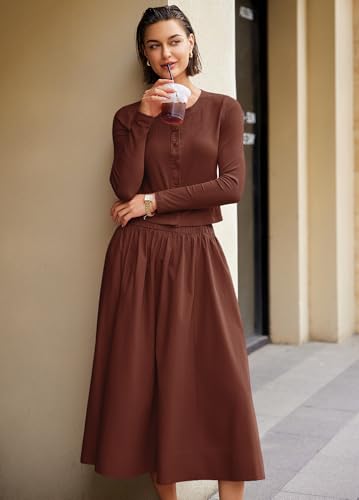 Image of Panadila Womens 2 Piece Lounge Sets Matching Vacation Outfits Ribbed Button Down Cardigan and Elastic Waist Skirt Sets