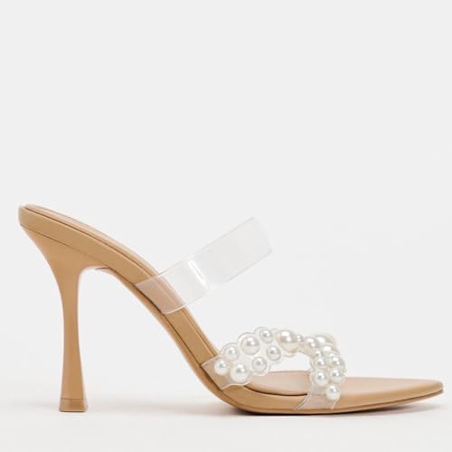 MRKEWUNEY Fashion Womens Pearl High Heels Sandals Clear Dress Shoes3