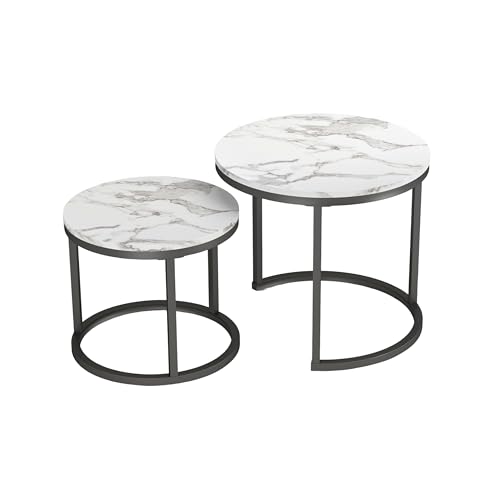 Soayone Table Basse Ronde Set de 2, Table Rond eavec Cadre Noir, Table Basse Blanche Moderne, Table de Salon avec marbre Blanc, Table Gigogne Ronde