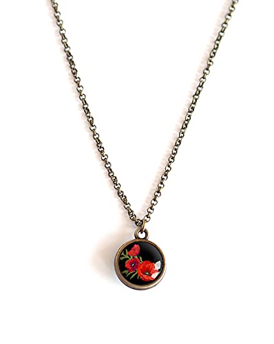 collier pendentif cabochon, Coquelicots, fleurs rouge et noir, bronze, 60 cm chaîne