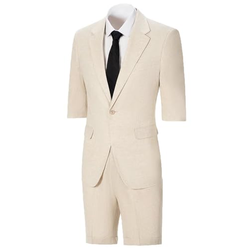 Men's Summer Leisure Linens Suits Vintage 2 Piece Short Suits Casual Short Sleeves Jacket Blazer Shorts Set for Beach Wedding3