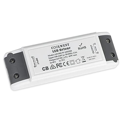 Image of COOLWEST 60W 24V LED Driver Transformer, 100V AC to 24V DC Low Voltage Power Supply for LED Strip Lights and G4, MR11, MR16 Light Bulbs