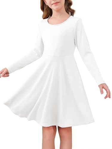 Haloumoning Vestido para niña, de manga larga, cuello redondo, para el tiempo libre, línea A, elegante, color liso, casual, para fiestas, bodas y niños, 5-14 años, Color blanco., 7-8 Years