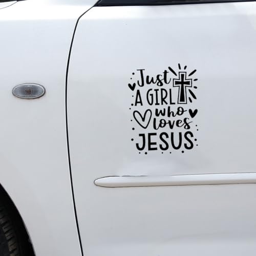 Image of Just A Girl Who Loves Jesus Decal Car Sticker, 6.1 inchx4.6 inch Jesus Cross Vinyl Sticker Car Bumper Decal, Waterproof Auto Exterior Decoration Decals for Cars, Truck, Wall, Window, Laptop (Black)